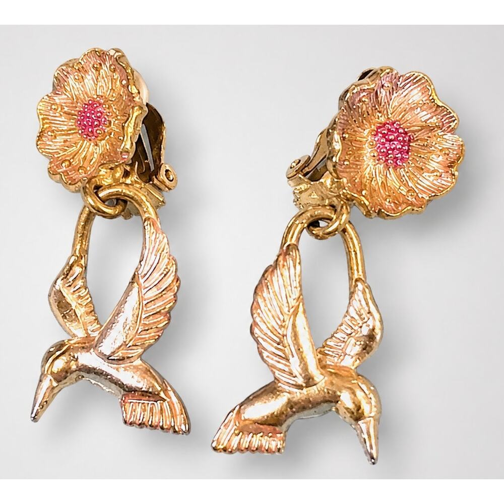 Vintage Pink Hummingbird Flower Dangle Clip On Earrings Figural‎ 1.5" rc-46